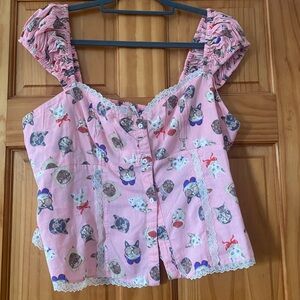 Out From Under Cat Print Blouse Pink Smocked Puff Sleeve Lace Trim XL UO